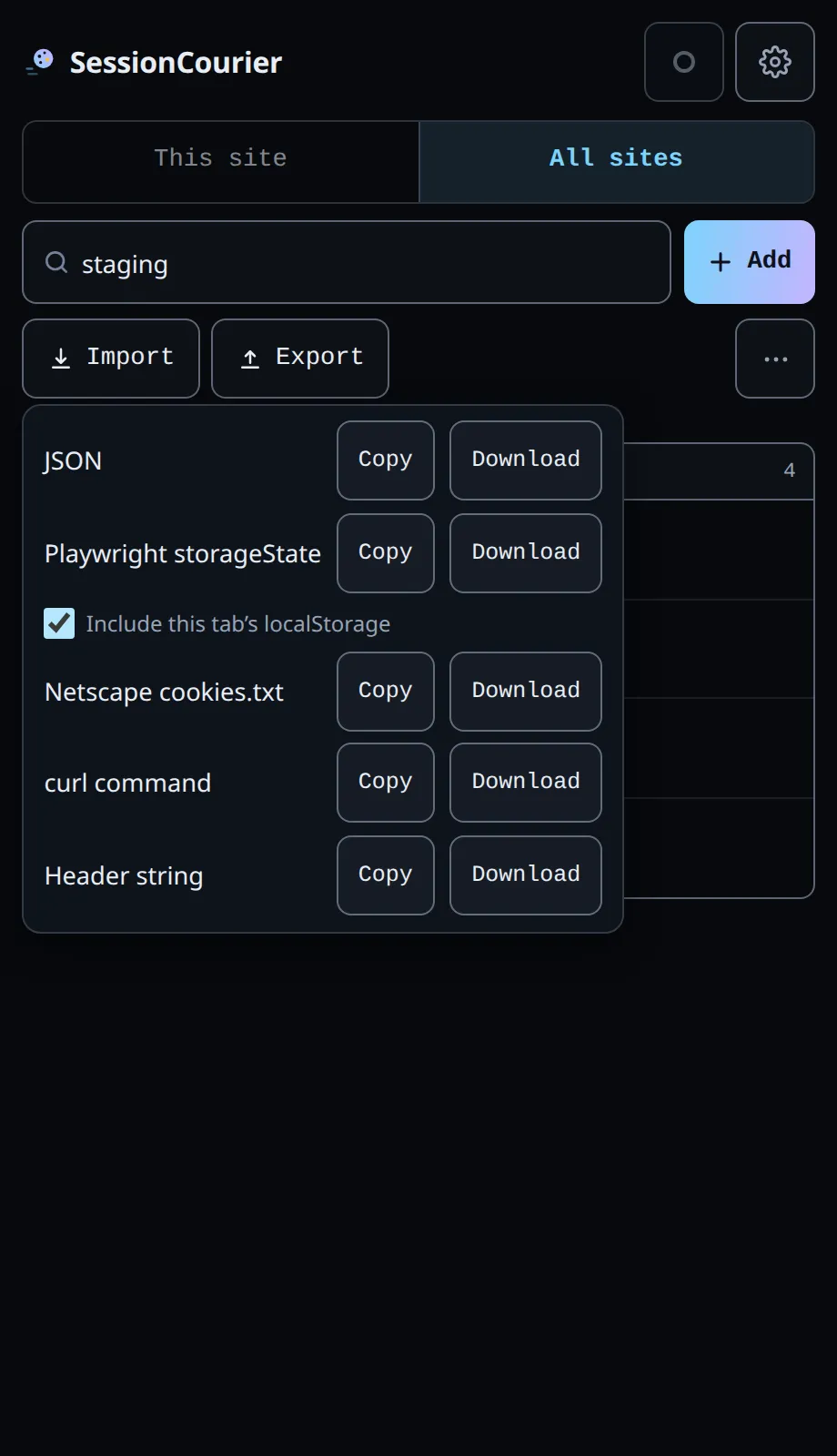 The SessionCourier side panel with the Export menu open on a staging session — a one-click Playwright storageState export (with an “Include this tab’s localStorage” option), alongside JSON, Netscape cookies.txt, curl and header-string exports.